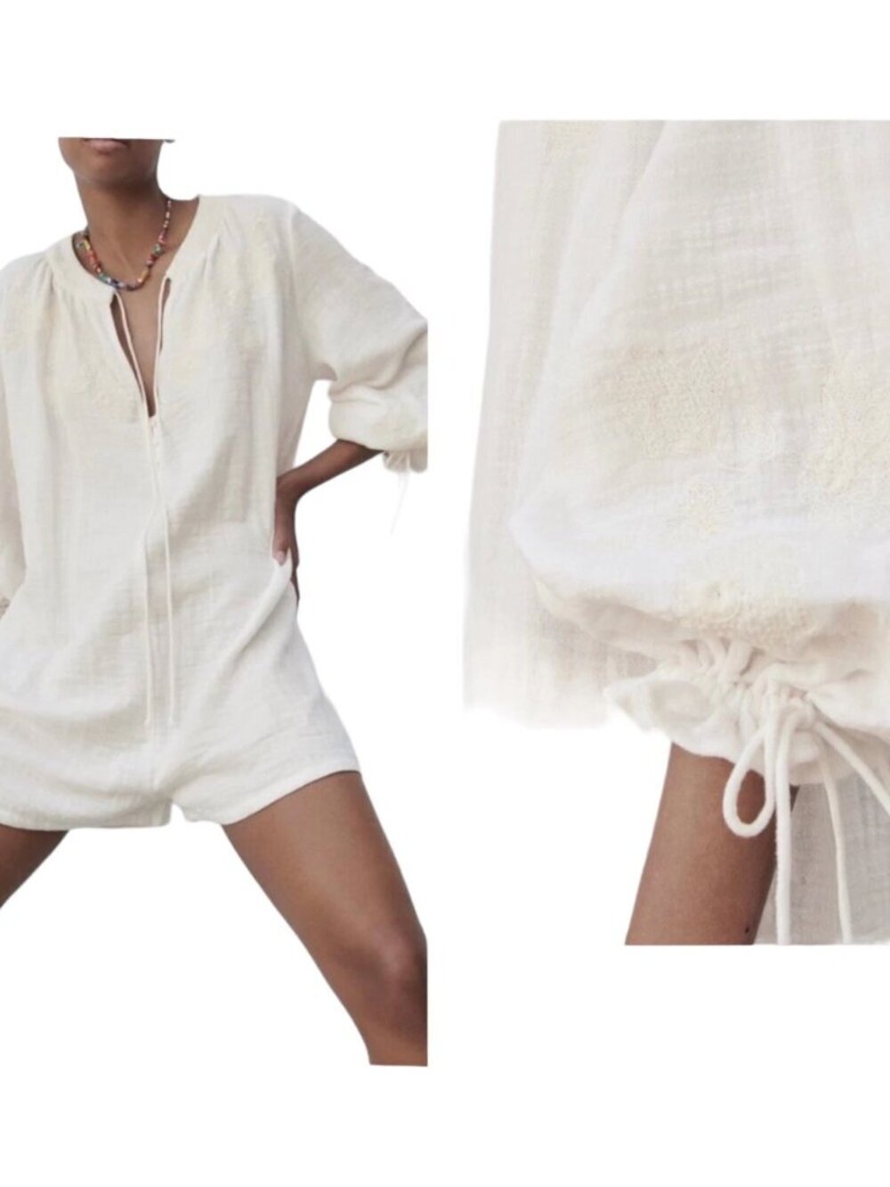 Zara White Cotton Romper Floral Embroidery Oversized Relaxed Fit Summer Size M